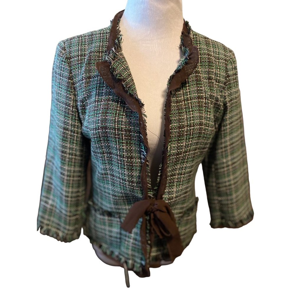 Julie Mitchell Jacket Womens Size 8 Urban Collection Green Brown Tie Raw EdgeLin
